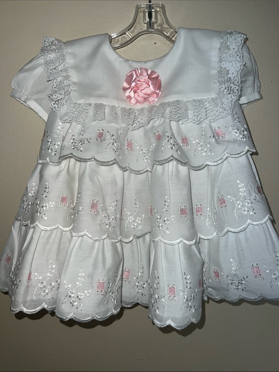 Other - Vintage White Embroidered Tiered Baby Dress with Pink Rosette